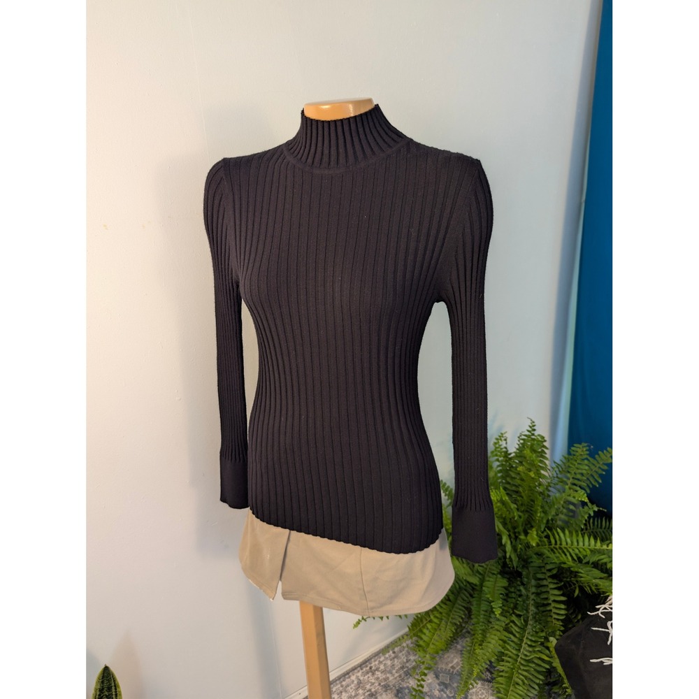 LOFT Mock Neck Sweater Womens Medium Black Ribbed Knit Long Sleeve Soft Stretchy